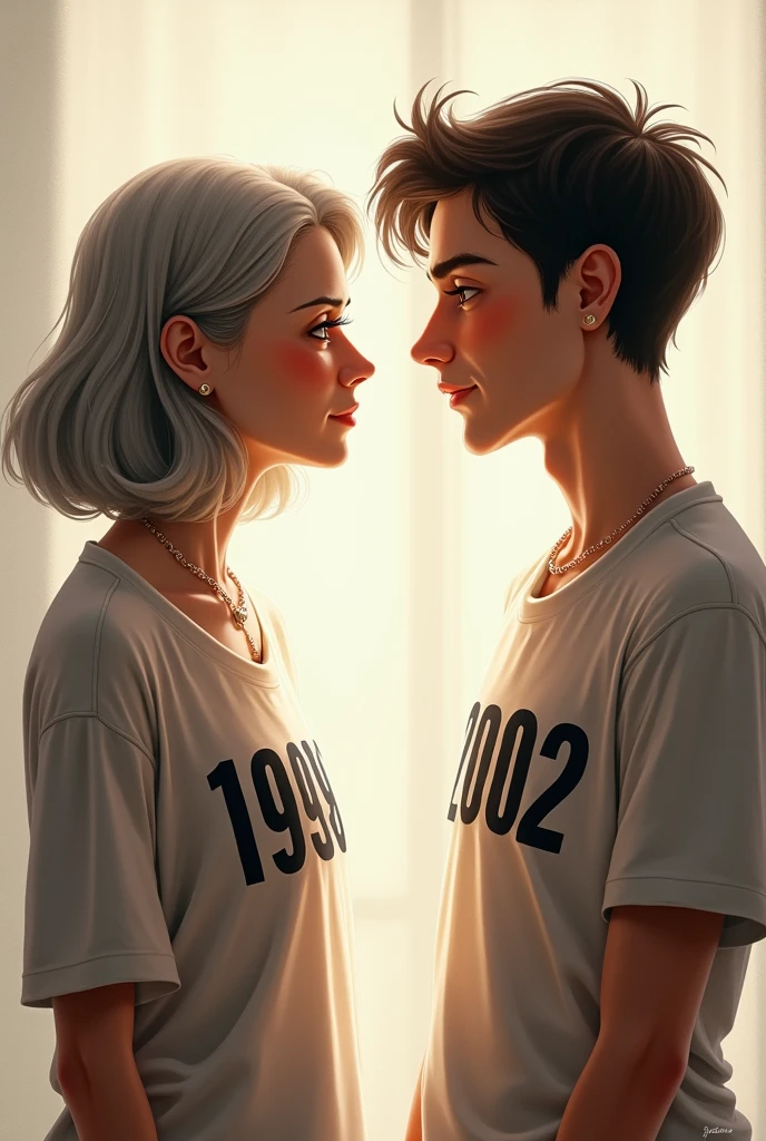 A woman wearing a shirt with the number 1998 with a young man wearing a shirt with the number 2002, looking at each other face to face 