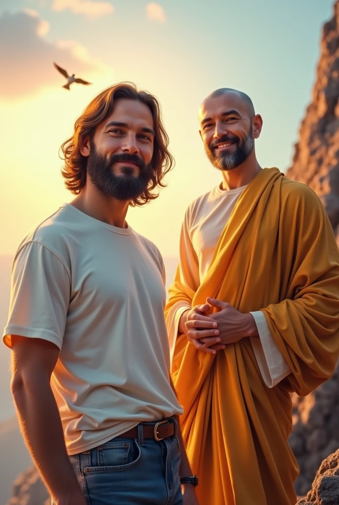 Jesus Christ and Buddha wearing modern clothes and looking at the camera, climbing a mountain. They have a wise and benevolent face. They are wearing white T-shirts and jeans. they are smiling happily. A small bird is flying. they are shining. Surrounded by rainbow-colored light.
Jesus of Nazareth is depicted as a gentle and gentle man with shoulder-length hair. His wavy brown hair cascades over his shoulders. His captivating hazel eyes convey deep wisdom and empathy, radiating warmth and understanding. A gentle smile graces his lips, and an ethereal serenity illuminates his face. Buddha is depicted as a kind and gentle person with a shaved head in Japanese, and is a kind and cheerful expression. His mesmerizing dark eyes convey deep wisdom and empathy, radiating warmth and understanding. A gentle smile adorns his lips, and an ethereal calm illuminates his face. modern clothes, macro photography, close-up, highly detailed, trending at art station, sharp focus, studio shot, intricate details, Greg Rutkowski,
