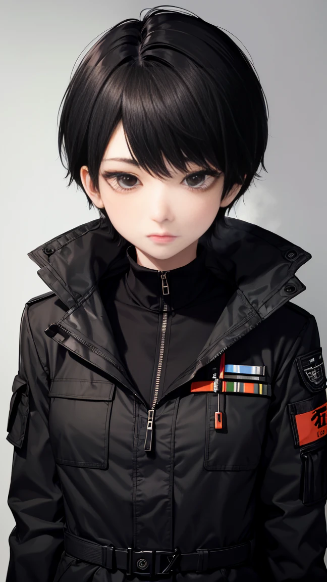 Military woman black short hair, black eyes, black clothes, camouflage, coat, An indifferent expression on his face, doctor