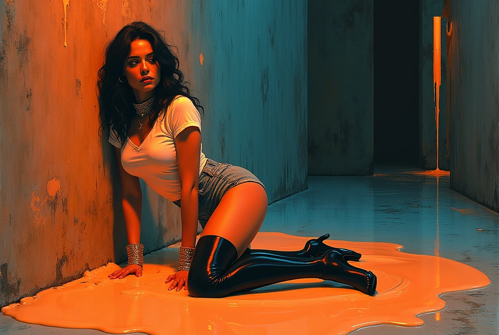 70s setting, grainy analog film, abstract art, stylish legend, artwork, conceptual art, fallen, drama, indulges in fetish, rubber black stockings, vintage liquid jeans cut-offs, t-shirt, slave collar, heels, kneeling in slime, orange blue, black, void