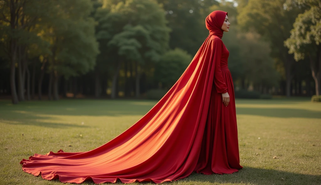 Asian woman in glamorous evening dress, wear modern hijab, wear outer gown, full-body encapsulation, entirety of fabric about 7 meters in length trailing dramatically, glamours style, overlong satin train, extreme detail on the texture of the satin, highlighting its reflective quality, cinched at the ankle, sexy random pose outdoor, dramatic lighting, ultra realistic, high-resolution photography.