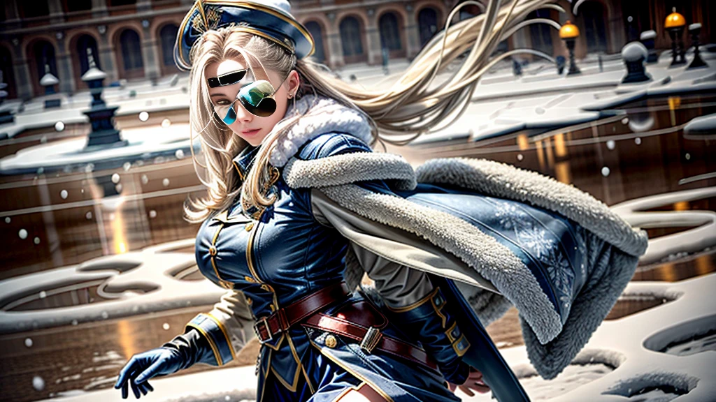 (highest resolution, distinct_image), realistic, Best quality, single person, one girl, solo, masterpiece, highly detailed, realistic, long hair, braided white blond hair, (blue military uniform underneath the coat), depth of field, (falling snow), ((big breasts)), authoritative, dignified, calm and powerful expression, ambient lighting, exquisite facial feature, (fur-trimmed white coat), open coat, short skirt, looking at viewer, head to waist, dynamic angle, light smile, ((from front)), (full body), (((quiet and spacious plaza in background)))