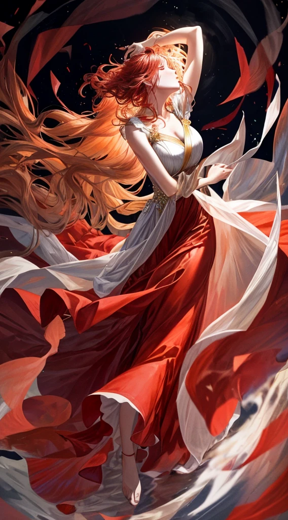 A woman in a long dress dancing with her hair blowing, Floating Dress, 美しくFlowing fabric, Covered in flowing fabric, flowing gown, Flowing fabric, Real Skin,Glowing Skin,Realistic color photos,Long Red Dress,Soaring from the sky、Hyper HD,8k