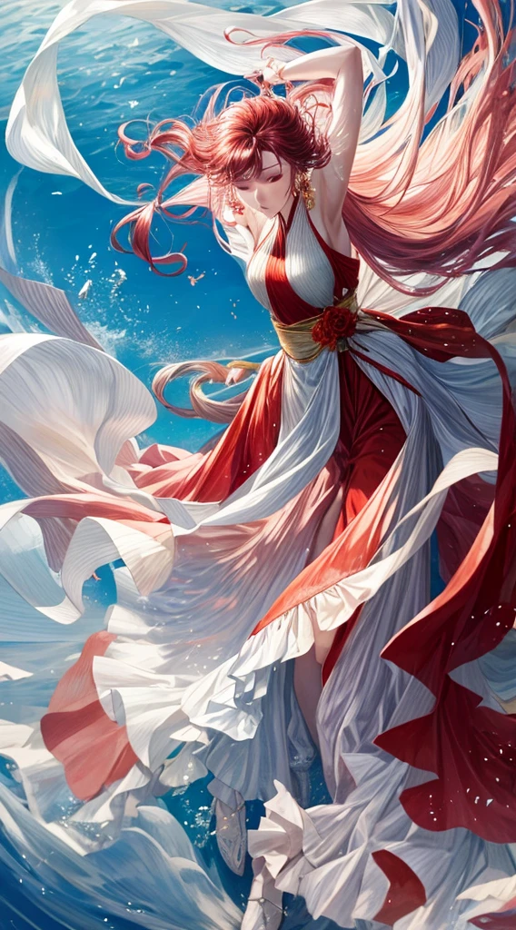 A woman in a long dress dancing with her hair blowing, Floating Dress, 美しくFlowing fabric, Covered in flowing fabric, flowing gown, Flowing fabric, Real Skin，Glowing Skin，Realistic color photos，Long Red Dress，Soaring from the sky、Hyper HD，8k