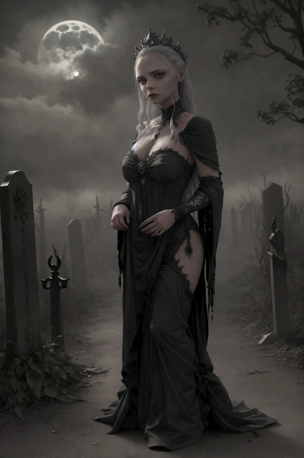 A ghostly queen of the dead, thorny crown, cemetery, full moon, dark fantasy, dramatic lighting, detailed face and eyes, long flowing hair, intricate crown, tattered gothic dress,full body view, haunting atmosphere, mist and fog, moonlight, dark clouds, tombstones, dead trees, gloomy, moody, dramatic, cinematic, award winning, photorealistic, 8k, (best quality,4k,8k,highres,masterpiece:1.2),ultra-detailed,(realistic,photorealistic,photo-realistic:1.37)