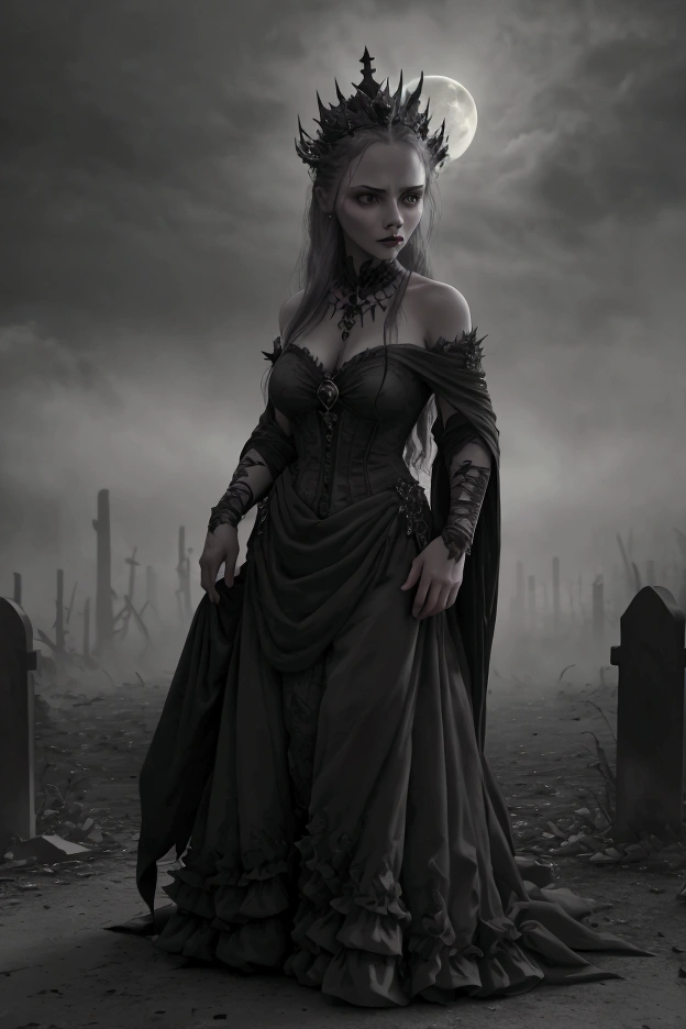 A ghostly queen of the dead, thorny crown, cemetery, full moon, dark fantasy, dramatic lighting, detailed face and eyes, long flowing hair, intricate crown, tattered gothic dress,full body view, haunting atmosphere, mist and fog, moonlight, dark clouds, tombstones, dead trees, gloomy, moody, dramatic, cinematic, award winning, photorealistic, 8k, (best quality,4k,8k,highres,masterpiece:1.2),ultra-detailed,(realistic,photorealistic,photo-realistic:1.37)