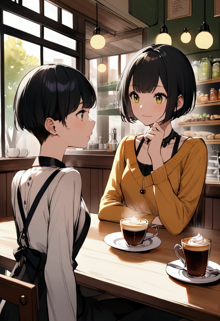 slender,a young girl,pixie cut,black hair,Cafe