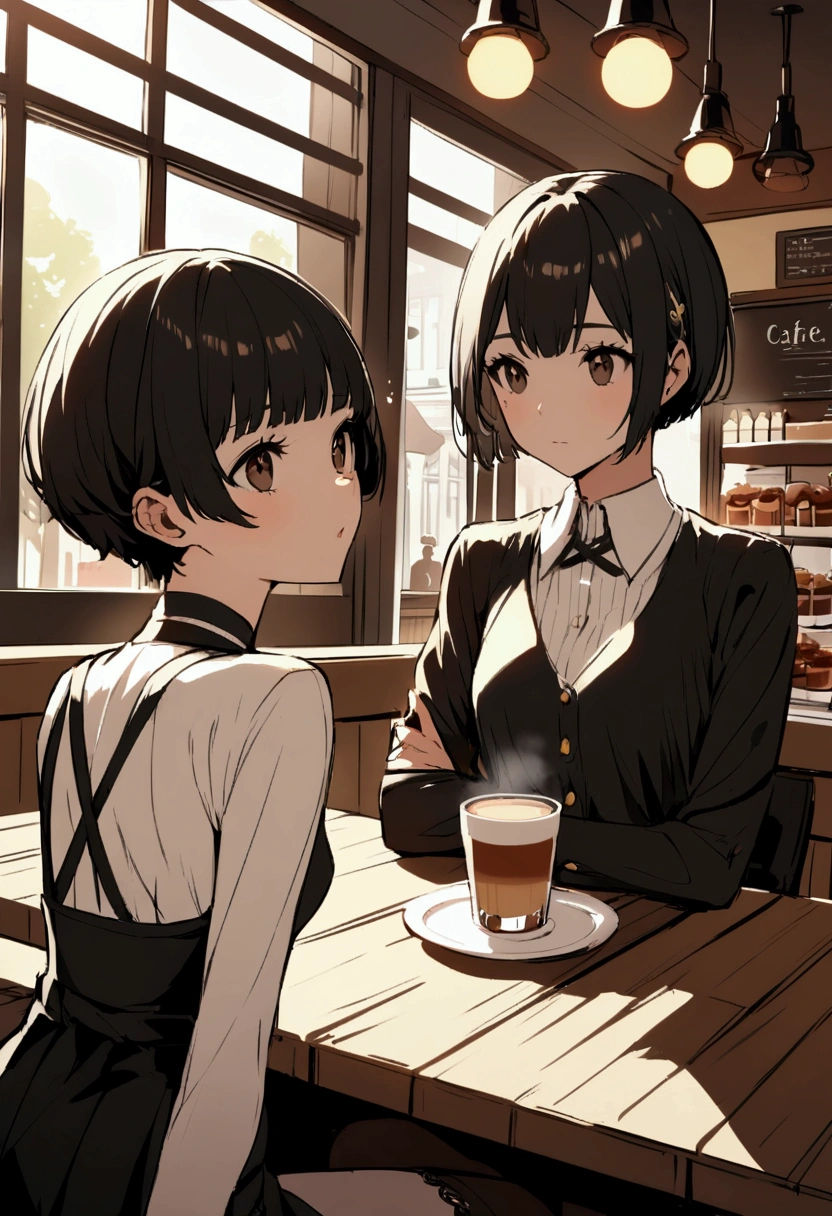 slender,a young girl,pixie cut,black hair,Cafe