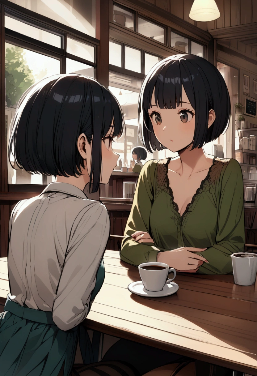 slender,a young girl,pixie cut,black hair,Cafe