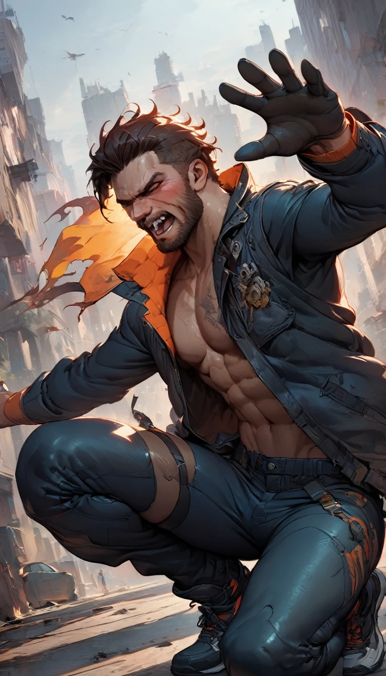 best quality,4k,8k,highres,masterpiece:1.2),ultra-detailed, extremely detailed eyes, extremely detailed body, (large masterpiece digital art), (detailed manga illustration), (detailed line art), ((perfect anatomy)), (intricate details:1.3), (ultra-detailed:1.3), (illustration:1.3), (sharp focus:1.3), (natural lighting:1.05), (vivid colors:1.3), (masterpiece), (best quality:1.4), (perfect anatomy:1.4), high quality, expressive eyes, full body, detailed face, beautiful face, perfect face, ((1boy)), angry, (((male focus))), muscular, detailed messy hair, long hair, brown hair, blue eyes, t-shirt, jean pants, sneakers, cinematic lighting, dramatic atmosphere, Atey Ghailan, Jeremy Mann, Greg Manchess, Antonio Moro, trend in ArtStation, trend in CGSociety, Intricate, High Detail, Sharp focus, dramatic and photorealistic painting art by Midjourney and Greg Rutkowski, Jeff Bridges, ((cartoon style)), Marvel Cinematic Universe style, (((ruined city in the background))),