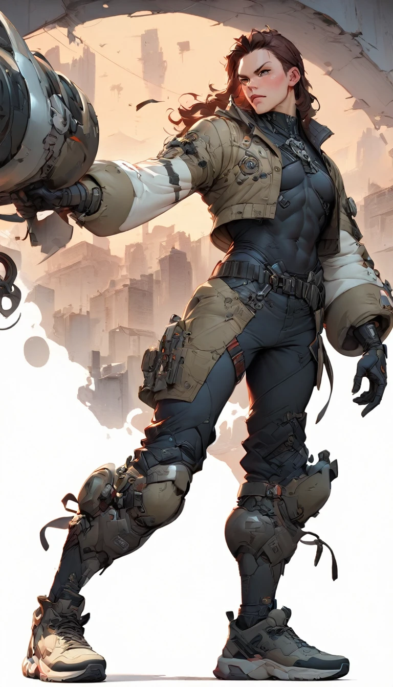 best quality,4k,8k,highres,masterpiece:1.2),ultra-detailed, extremely detailed eyes, extremely detailed body, (large masterpiece digital art), (detailed manga illustration), (detailed line art), ((perfect anatomy)), (intricate details:1.3), (ultra-detailed:1.3), (illustration:1.3), (sharp focus:1.3), (natural lighting:1.05), (vivid colors:1.3), (masterpiece), (best quality:1.4), (perfect anatomy:1.4), high quality, expressive eyes, full body, detailed face, beautiful face, perfect face, ((1boy)), angry, (((male focus))), muscular, detailed messy hair, long hair, brown hair, blue eyes, t-shirt, jean pants, sneakers, cinematic lighting, dramatic atmosphere, Atey Ghailan, Jeremy Mann, Greg Manchess, Antonio Moro, trend in ArtStation, trend in CGSociety, Intricate, High Detail, Sharp focus, dramatic and photorealistic painting art by Midjourney and Greg Rutkowski, Jeff Bridges, ((cartoon style)), Marvel Cinematic Universe style, (((ruined city in the background))),