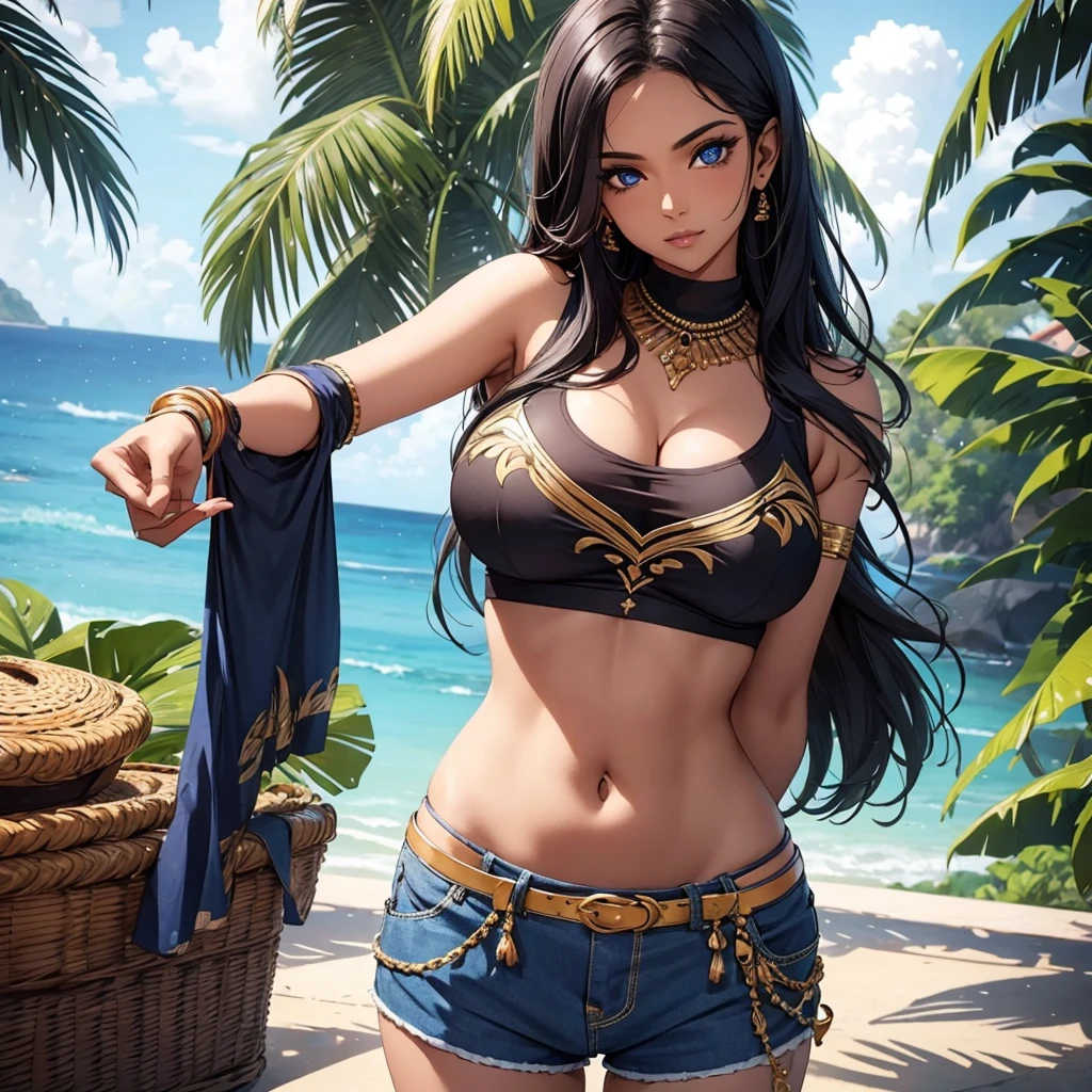 srilankan women 25 year old, big breast and blue eyes. posing elegantly for an instagram post. wearing a croptop and shorts.