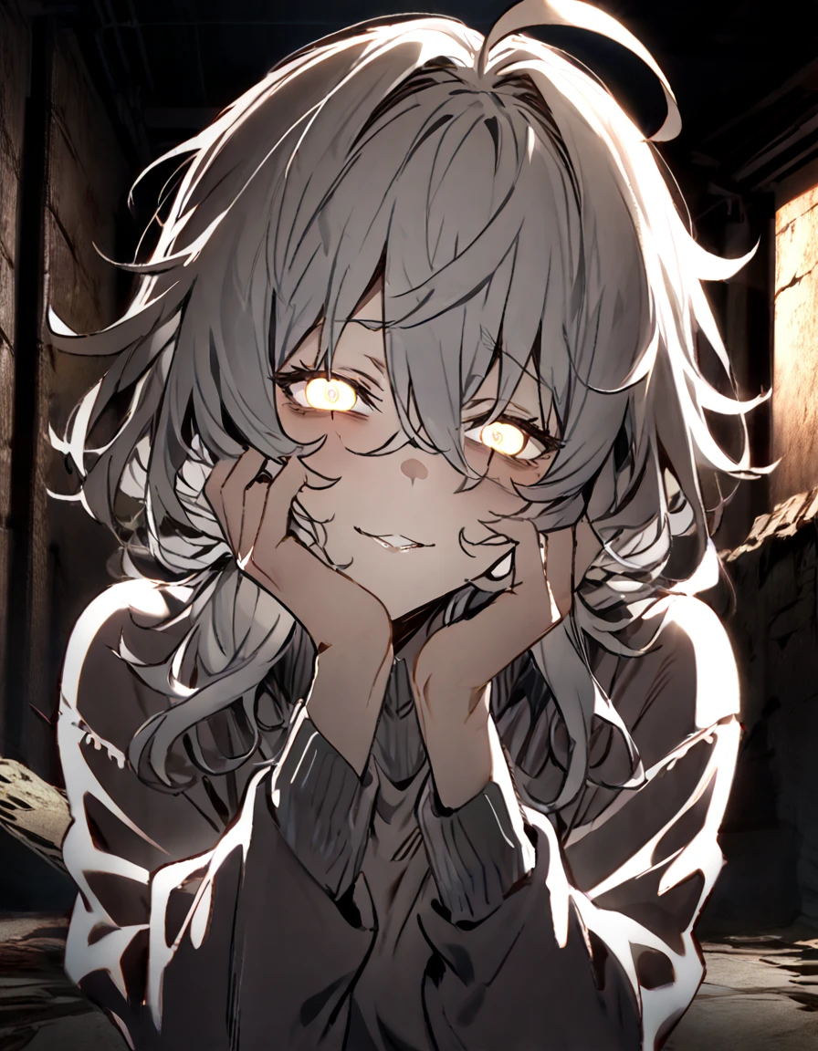 mature, golden eyes, looking at viewer, female, basement background, messy hair, grey shoulder-length hair, ponytail, parted lips, hair between eyes, ahoge, emotionless, tired eyes, standing, jeans, turtleneck shirt, comfy clothes, leaning on railing, bandage around head and eye, bags under eyes, yandere, smirk, hands on cheeks, very dark, yandere trance, crazy, close up, curvy, glowing eyes, bandages