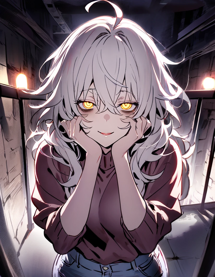 mature, golden eyes, looking at viewer, female, basement background, messy hair, grey shoulder-length hair, ponytail, parted lips, hair between eyes, ahoge, emotionless, tired eyes, standing, jeans, turtleneck shirt, comfy clothes, leaning on railing, bandage around head and eye, bags under eyes, yandere, smirk, hands on cheeks, very dark, yandere trance, crazy, close up, curvy, glowing eyes, bandages