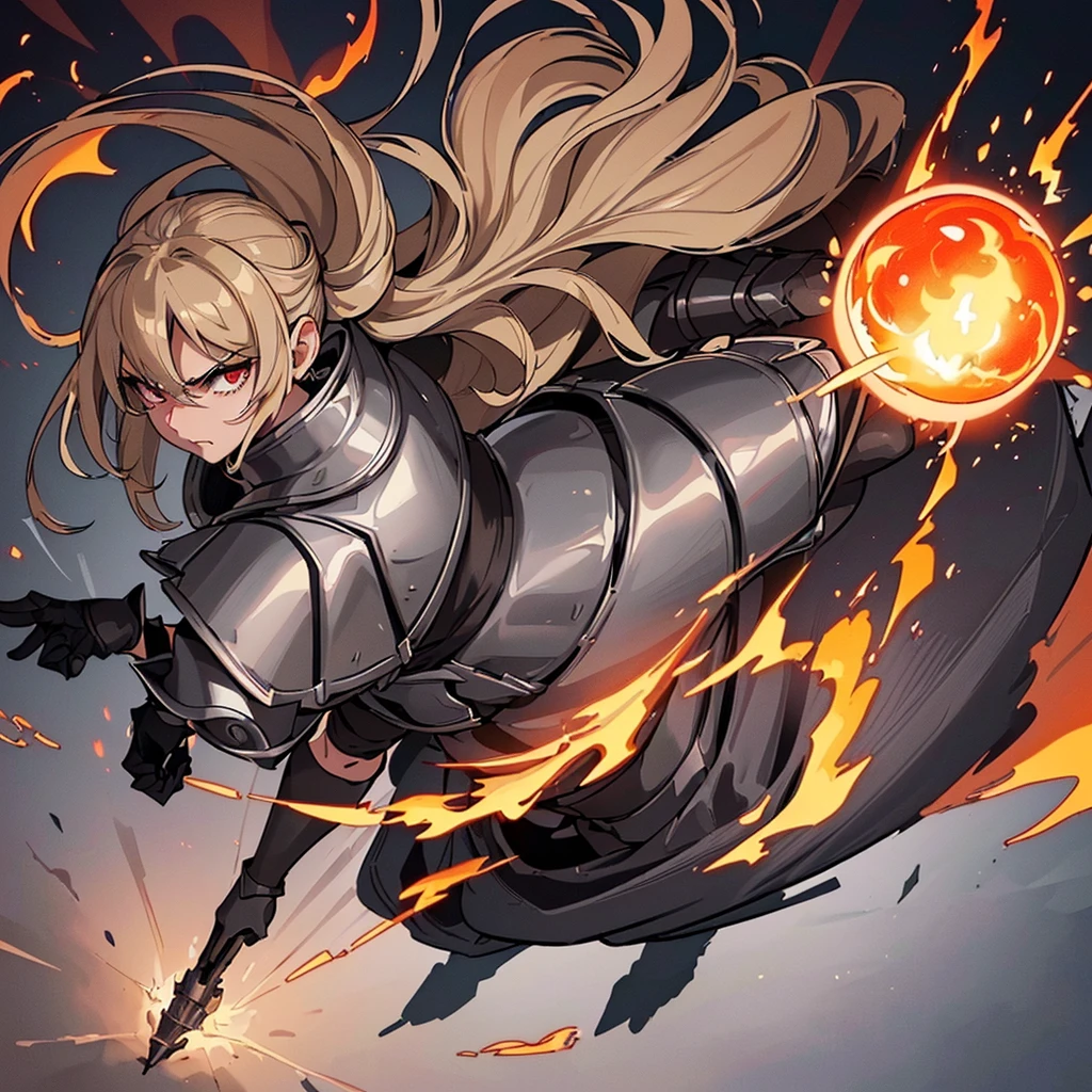 ((((Solo))))、Best illustrations、Best Quality、(Full body character concept、Character Design)、(((Grey Armor、Black trousers、Black gloves))、(woman、18-year-old)、(Blonde、Long Hair)、(Get Ready、Run)、(get annoyed)、(Particles of light, light, fireball、Flaming Ball、Tornado of Fire、Fire Magic)、Dramatic Angle、Red aura、From above、squat