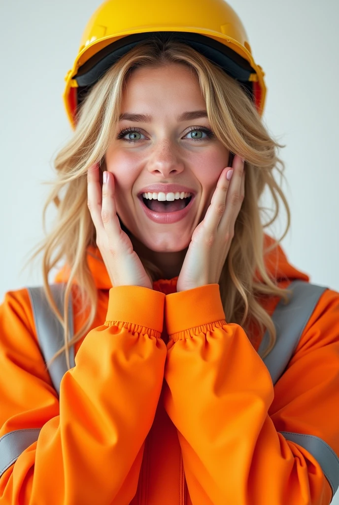 Create a photorealistic image of a 20-year-old blonde influencer girl. She should be looking directly at the camera with a puzzled happy expression, with her mouth open and hands on her face. The background should be a clean, white studio setting, emphasizing her emotional state. Ensure the lighting is soft and professional, highlighting her features and the depth of her expression. Include subtle details that reflect her influencer persona, such as orange working jacket and helmet on