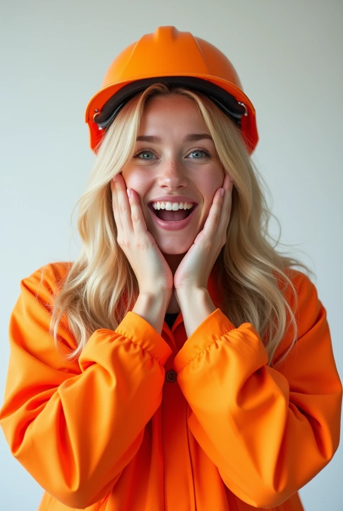 Create a photorealistic image of a 20-year-old blonde influencer girl. She should be looking directly at the camera with a puzzled happy expression, with her mouth open and hands on her face. The background should be a clean, white studio setting, emphasizing her emotional state. Ensure the lighting is soft and professional, highlighting her features and the depth of her expression. Include subtle details that reflect her influencer persona, such as orange working jacket and helmet on