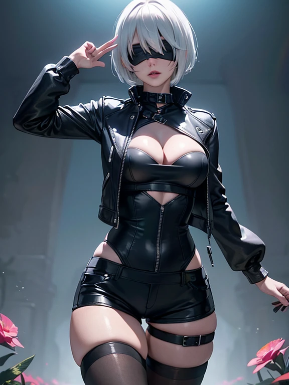 (((Wearing Black Leather Jacket:1.5, Wearing Black Leather shorts:1.1, Wearing Slightly open sheer shirt:1.1, Black knee-length pantyhose:1.1))), highly detailed, Nier Automata character 2b Face, silver short hairstyle, Asymmetrical bangs, ((blindfold, black blindfold:1.2)), Big Ass, Slightly slim woman, posing like a model, breathtaking beauty, Beautiful and graceful features, dark color sexy lingerie, (((Blue sky:1.1))), glowing skin, ((rainbow appears:1.2)), dreamy and fantastical atmosphere, fantasy, beautiful flowers and crystals, Art with precise detail, Futuristic, (moist pink lips, Slightly parted lips), perfect proportions, thigh gap, natural side lighting, Highly detailed CG, Realistic texture, ((masterpiece, best quality, digital imaging, high resolution photography)), ((solo portrait)),
