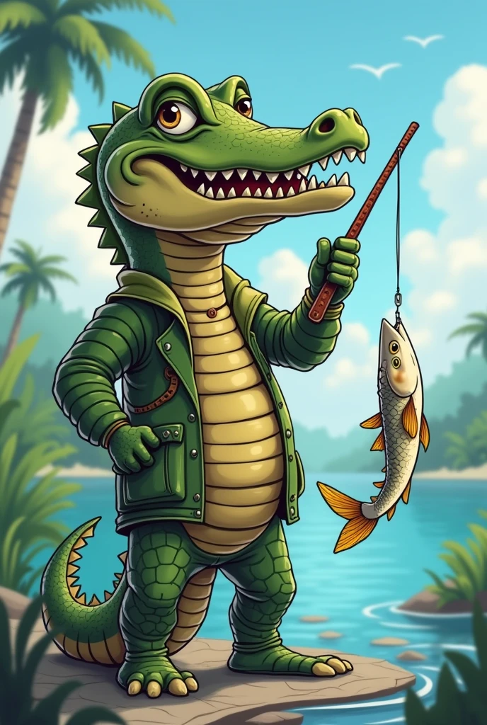 Cartoon man with crocodile head fishing cool fish