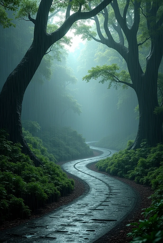 Digital hyperrealistic image of a track surrounded by forest with heavy rain falling