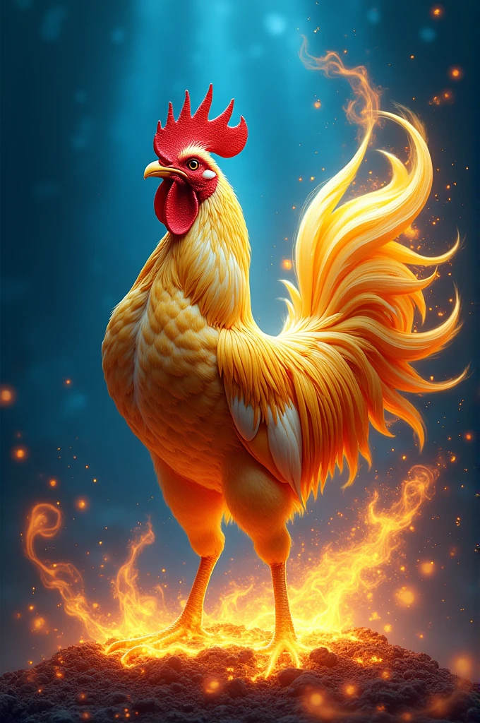 Blue background with gold, flames of fire and a rooster