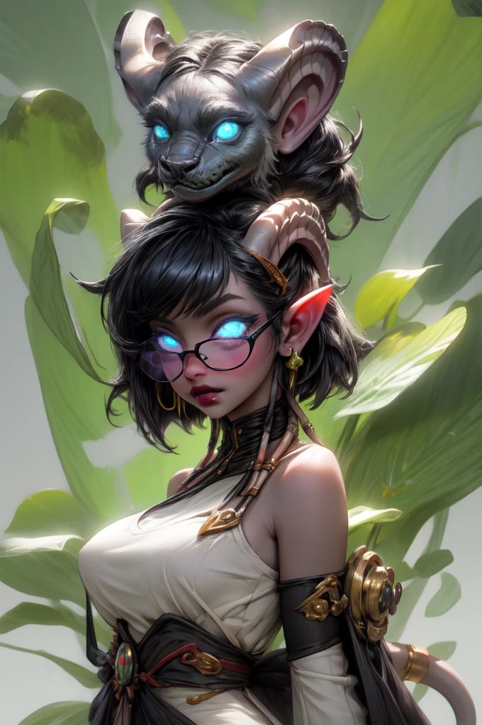masterpiece, best quality, 1girl, solo, draenei, glowing eyes, colored sclera, tail ornament, hooves, white skin, blue eyes, black hair, shiny silver pouty lips, (tentacle hair:0.8), close-up, upper body, hair ornament, plump and large breasts, shiny skin, shiny silver lipstick, glasses, bob hair cut, fantasy, magic, psy powers, summer dress