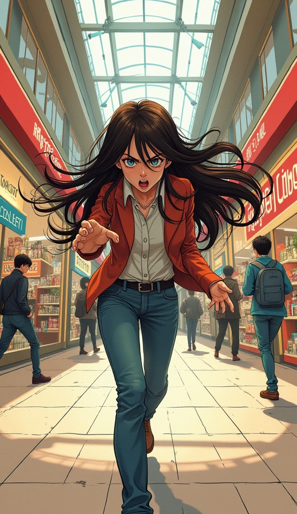 Japanese comic style，In the mall，Shopping，褐色Long hair的女性，Long hair，Angrily threw the thing in their hand，((Back，Walk away angrily))