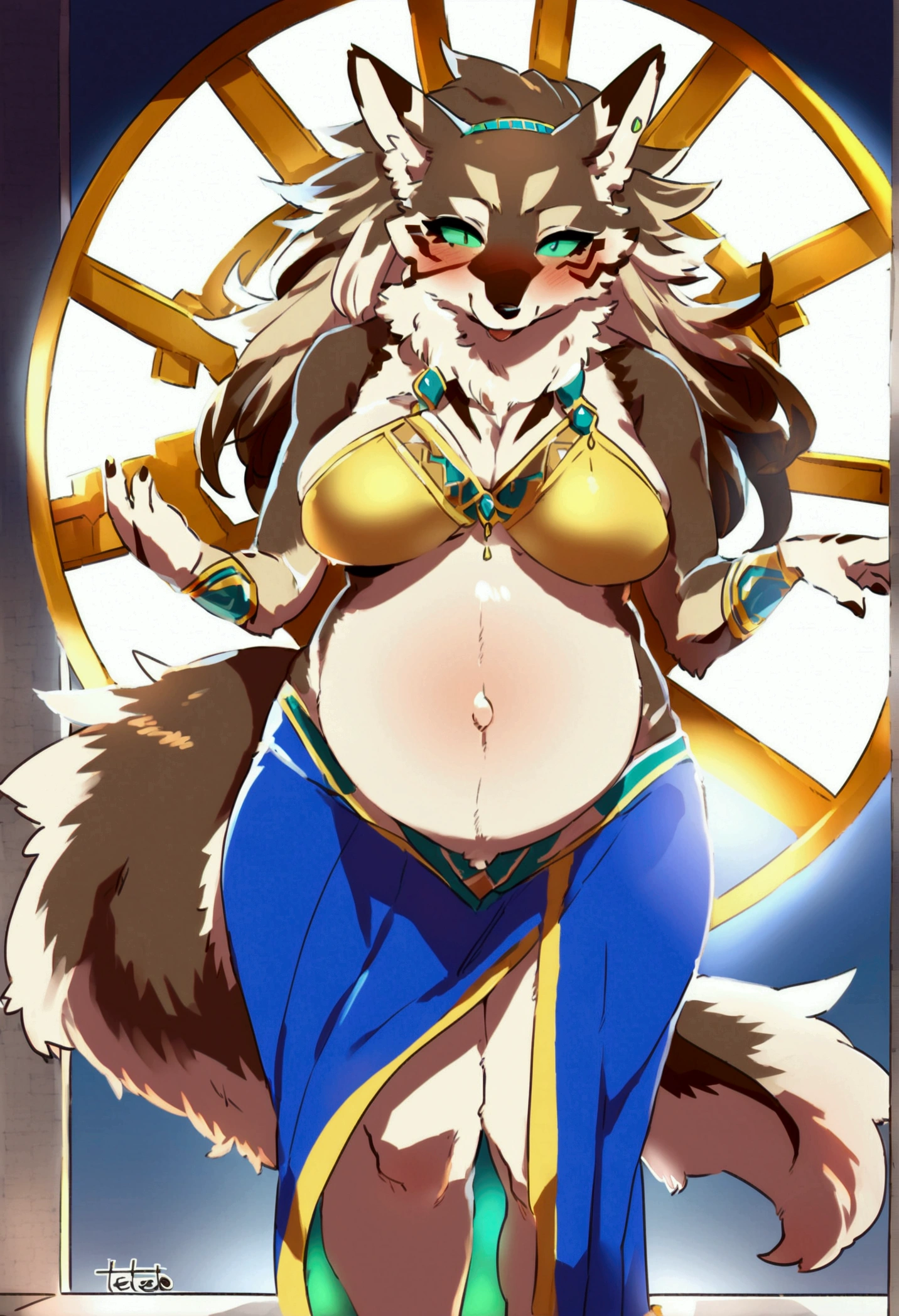 top quality, best quality, by teteteko, High-quality illustrations, masterpiece)(kemono, furry anthro), very beautiful and detailed body face and eyes, round, 1 female, jackal, Seth, (Tokyo Afterschool Summoners), slightly chubby, brown furs, fluffy, tail, big breasts, perfect eyes, green sclera eyes, beautiful belly dancer clothes, body movement, body twitching, pregnant, red blushing