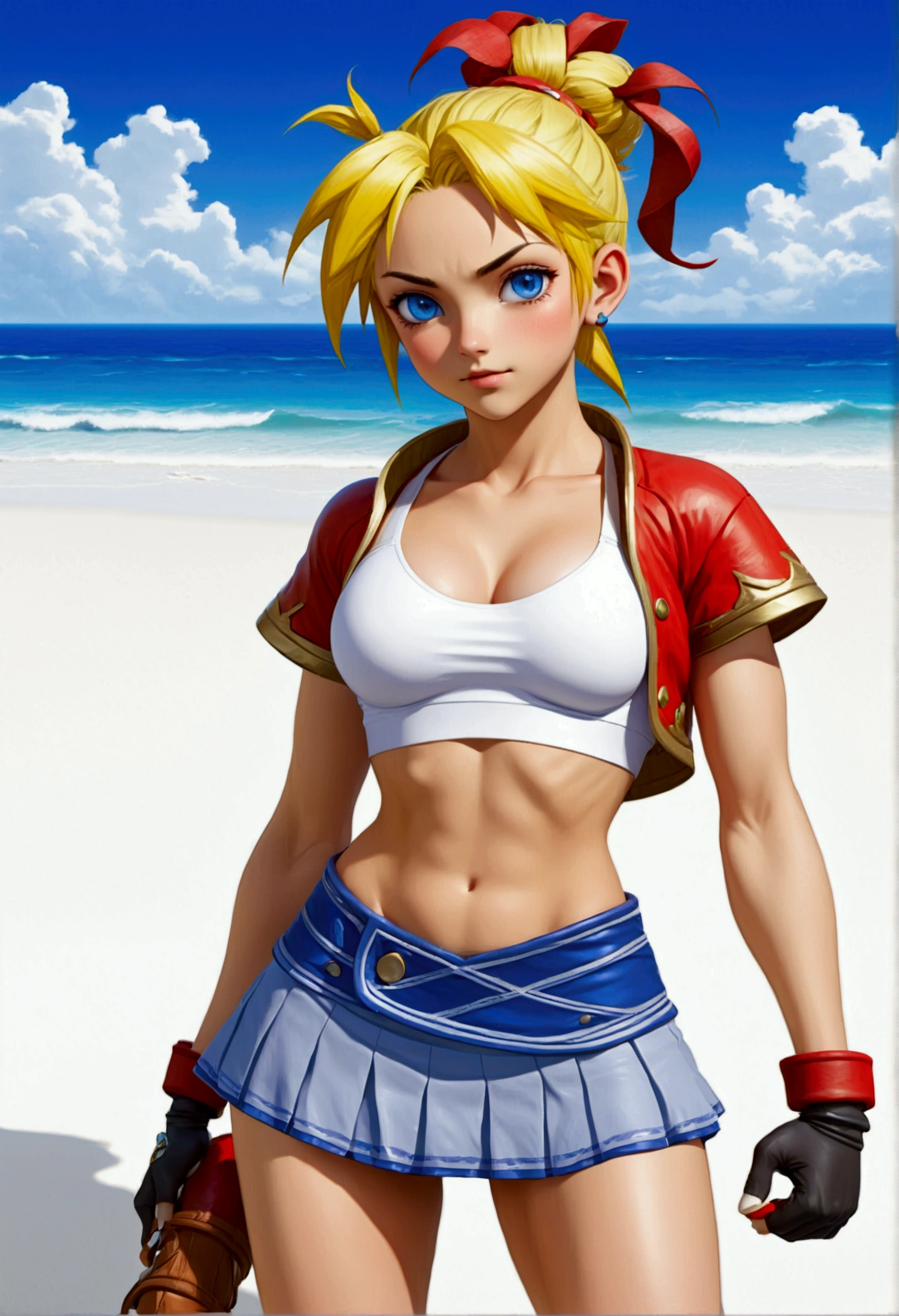 (promotional art), (Whole body view:1.25), (Kid from Chrono Cross), yellow hair in high ponytail braid, sapphire blue eyes, very slender toned frame, medium/large bust, flat tummy, pale white skin, (pair of white claw marks on both inner thighs;1.3), (strong glutes), fierce expression, BREAK: (tight red micro skirt with very high front slit), (skirt is red:1.4), high cropped red jacket with short sleeves, skin tight white sports bra under jacket, (tight white sports bra:1.25), loose brown leather ankle boots, BREAK: 1/4 walking pose, on a white sand beach, ocean spray shooting up behind her