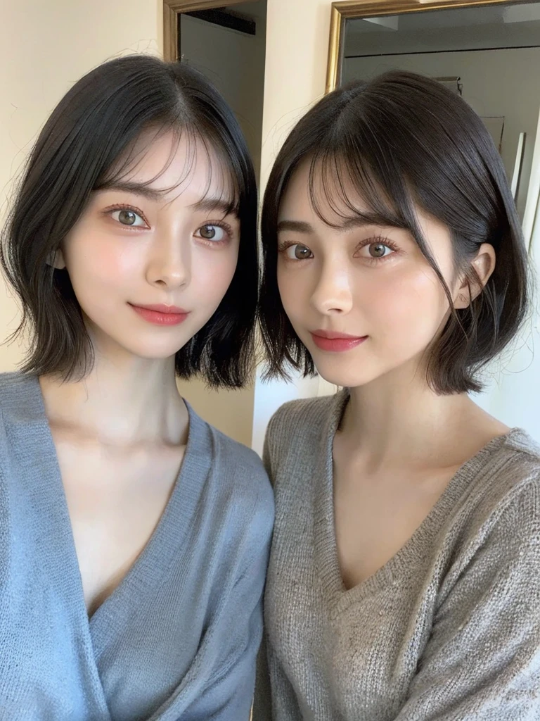 (masterpiece:1.3), (8k, Photoreal, Raw photo, best image quality: 1.4), Japanese high school girl、(random hairstyle:1.2)、cleavage:1.5、super detail face、eye for details、double eyelid、chest to chest、sharp focus:1.2、Beautiful woman:1.4、light brown hair、highest quality、masterpiece、超A high resolution、(Photoreal:1.4)、Highly detailed and professionally lit smiles、loose and light knitwear、shoulder out、thin、serious expression、short haired、deadly position
similar identical twins
All the girls have the exact same face, The two have the same face and figure, as if they were mirror images.