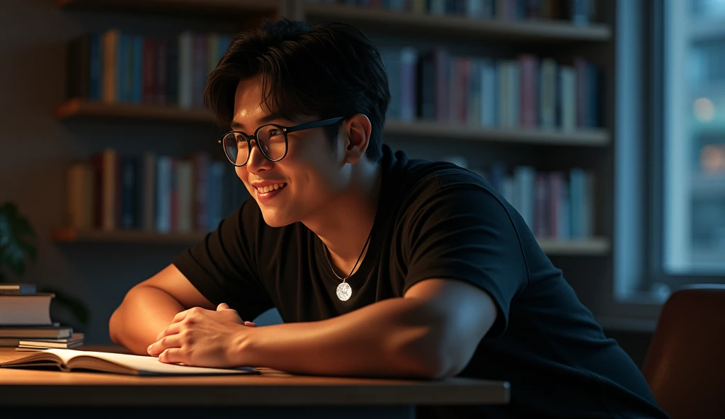 best quality, masterpiece, extremely detailed, masculine, sexy, homoerotic, 25 year old bruneian man, wearing glasses, round face with chubby cheeks, muscular build, very cheeky smile, fitted clothes, glowing quartz crystal pendant, bends forward and leaning elbows on a table, round bubble butt, in library, side view, afterhours, lights off, at midnight, cinematic shadows, dreamy atmosphere, perfect face, perfect hands, perfection