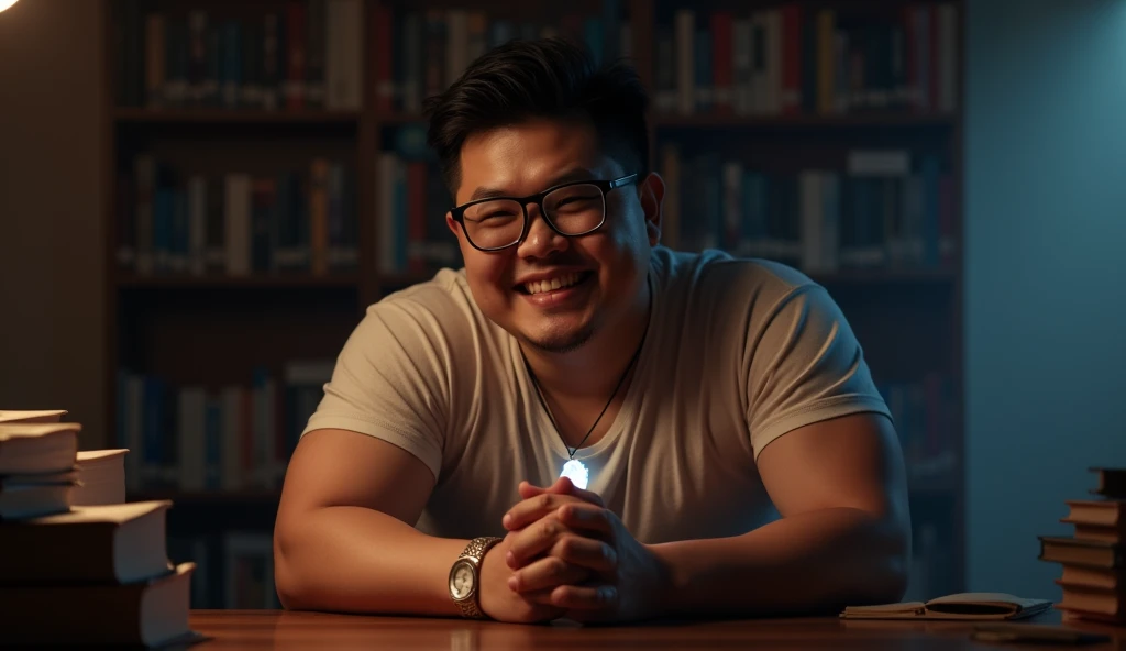 best quality, masterpiece, extremely detailed, masculine, sexy, homoerotic, 25 year old bruneian man, wearing glasses, round face with chubby cheeks, muscular build, very cheeky smile, fitted clothes, glowing quartz crystal pendant, bends forward and leaning elbows on a table, round bubble butt, in library, side view, afterhours, lights off, at midnight, cinematic shadows, dreamy atmosphere, perfect face, perfect hands, perfection