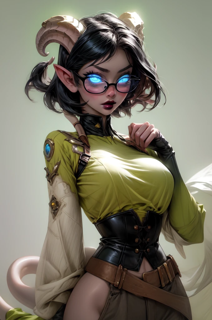 masterpiece, best quality, 1girl, solo, draenei, glowing eyes, colored sclera, tail ornament, hooves, white skin, blue eyes, black hair, shiny silver pouty lips, (tentacle hair:0.8), close-up, upper body, hair ornament, plump and large breasts, shiny skin, shiny silver lipstick, glasses, bob hair cut, fantasy, magic, psy powers, corset