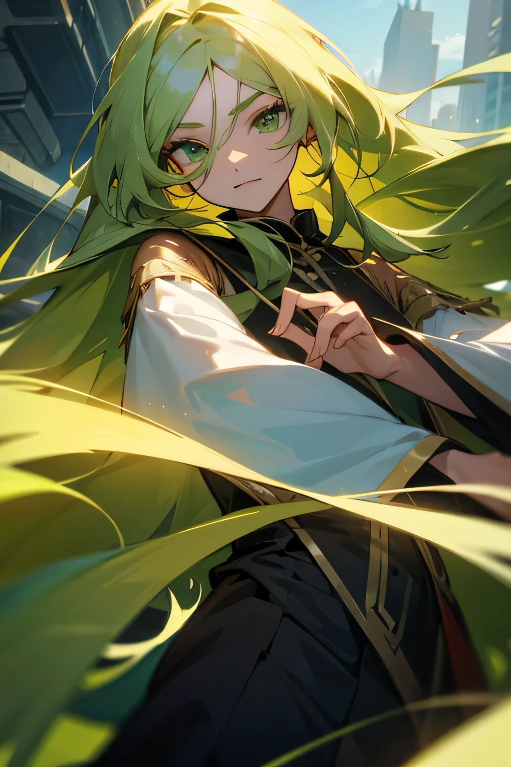 That he has green eyes and long hair