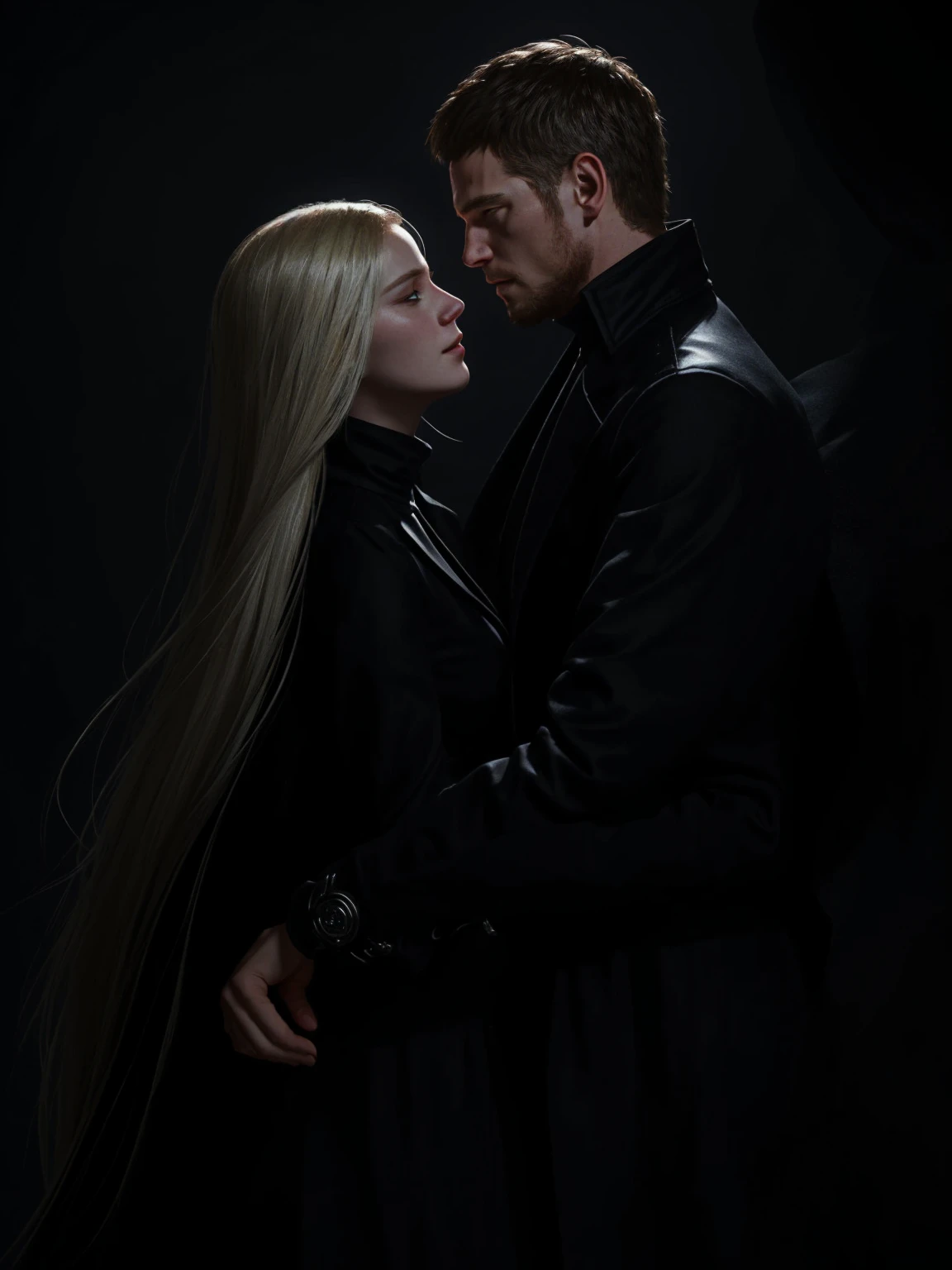 1man, 1B woman,nakeness, Soft light, Best Qualit,, in a panoramic view, masutepiece,concept art by Eugeniusz Zak, cg society contest winner, Fantasy Art, Romance Novel Cover ,black background, simple background