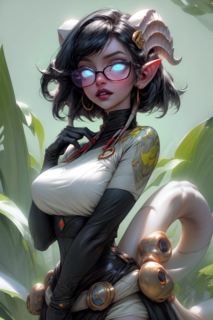 masterpiece, best quality, 1girl, solo, draenei, glowing eyes, colored sclera, tail ornament, hooves, white skin, blue eyes, black hair, shiny silver pouty lips, (tentacle hair:0.8), close-up, upper body, hair ornament, plump and large breasts, shiny skin, shiny silver lipstick, glasses, bob hair cut, fantasy, magic, psy powers, long gloves