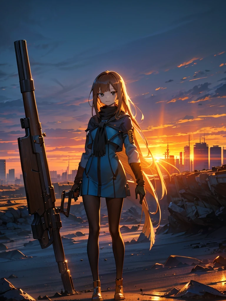 (masterpiece:1.2, Highest quality),(Colored Background) (Beautiful attention to detail: 1.2), (Highly detailed CG Unity 8K wallpapers, masterpiece, Highest quality, Very detailed, Best Shadow), (Detailed Background) ,arms(With a long stick),alone ,1 Robot. Cityscape, building, Skyline, sunset, Silhouette against a cloud background, meditation. Watching the beautiful sunset, sunset時に, sunset時, sunsetとともに, In the sunset, Nice views, Sunset view, With the sunset, sunset時に, During Golden Hour, looking sunset時に, Sunset in the background, Watching the sunset, In the spotlight, holding_gun, assault_rifle, Very detailed, Brown Hair, Long Hair, Anime Style, whole body, alone, Stylish Gunfighter Girl, Holding a steampunk long barrel pistol,Standing in the wasteland, 8K high resolution, White Background, The background is a dark and desolate landscape, Horror movie atmosphere. Her figure is very beautiful, Emphasizing the dark and crazy elements. Skillfully expressing the effects of light and shadow,