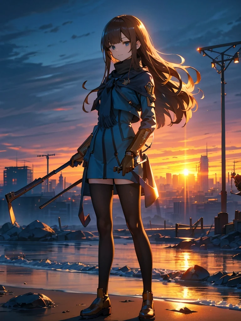 (masterpiece:1.2, Highest quality),(Colored Background) (Beautiful attention to detail: 1.2), (Highly detailed CG Unity 8K wallpapers, masterpiece, Highest quality, Very detailed, Best Shadow), (Detailed Background) ,arms(With a long stick),alone ,1 Robot. Cityscape, building, Skyline, sunset, Silhouette against a cloud background, meditation. Watching the beautiful sunset, sunset時に, sunset時, sunsetとともに, In the sunset, Nice views, Sunset view, With the sunset, sunset時に, During Golden Hour, looking sunset時に, Sunset in the background, Watching the sunset, In the spotlight, holding_gun, assault_rifle, Very detailed, Brown Hair, Long Hair, Anime Style, whole body, alone, Stylish Gunfighter Girl, Holding a steampunk long barrel pistol,Standing in the wasteland, 8K high resolution, White Background, The background is a dark and desolate landscape, Horror movie atmosphere. Her figure is very beautiful, Emphasizing the dark and crazy elements. Skillfully expressing the effects of light and shadow,