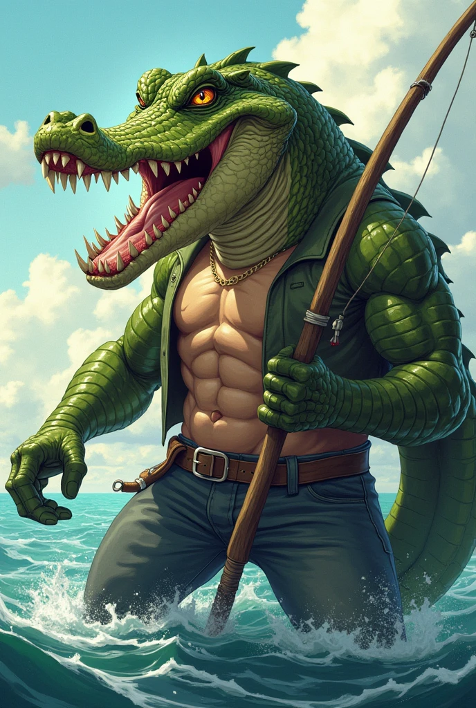 Cartoon of a man with a crocodile head, fierce, fishing, cool, fish