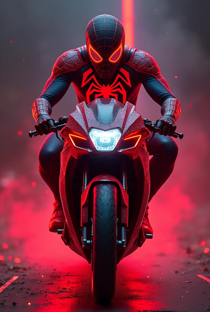 Spider man on bike cyber neon armored suit red