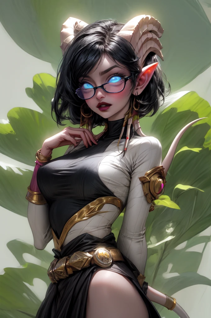 masterpiece, best quality, 1girl, solo, draenei, glowing eyes, colored sclera, tail ornament, hooves, white skin, blue eyes, black hair, shiny silver pouty lips, (tentacle hair:0.8), close-up, upper body, hair ornament, plump and large breasts, shiny skin, shiny silver lipstick, glasses, bob hair cut, fantasy, magic, psy powers, heels