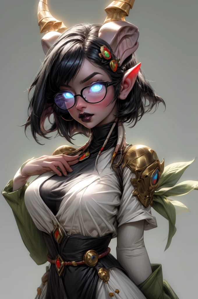 masterpiece, best quality, 1girl, solo, draenei, glowing eyes, colored sclera, tail ornament, hooves, white skin, blue eyes, black hair, shiny silver pouty lips, (tentacle hair:0.8), close-up, upper body, hair ornament, plump and large breasts, shiny skin, shiny silver lipstick, glasses, bob hair cut, fantasy, magic, psy powers, heels