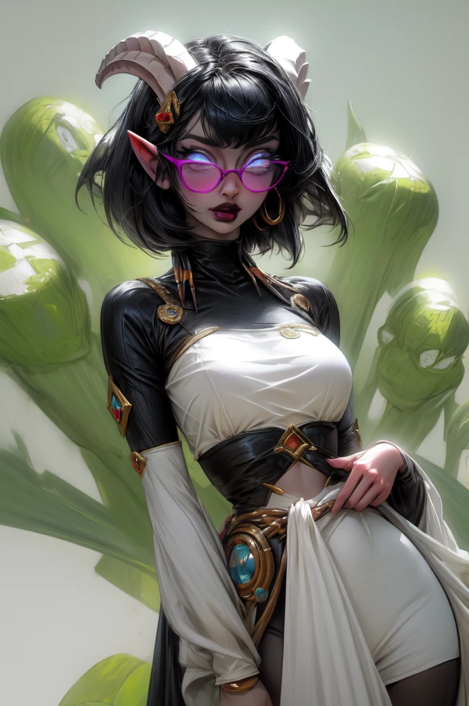 masterpiece, best quality, 1girl, solo, draenei, glowing eyes, colored sclera, tail ornament, hooves, white skin, blue eyes, black hair, shiny silver pouty lips, (tentacle hair:0.8), close-up, upper body, hair ornament, plump and large breasts, shiny skin, shiny silver lipstick, glasses, bob hair cut, fantasy, magic, psy powers, heels