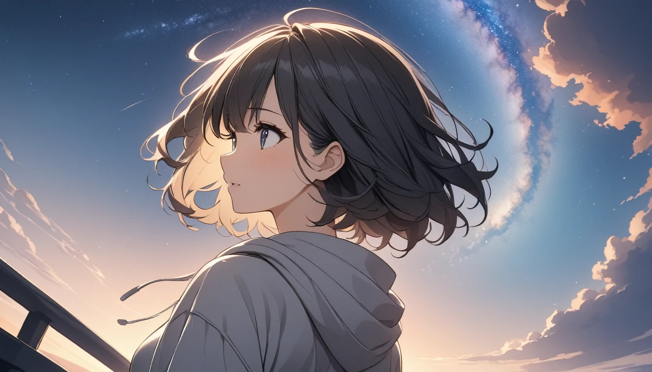 Starry Sky、milky way、One woman、Black Hair、Short Hair、Hair blowing in the wind、Wearing a hoodie、Back view、Upper Body、Low - Angle
