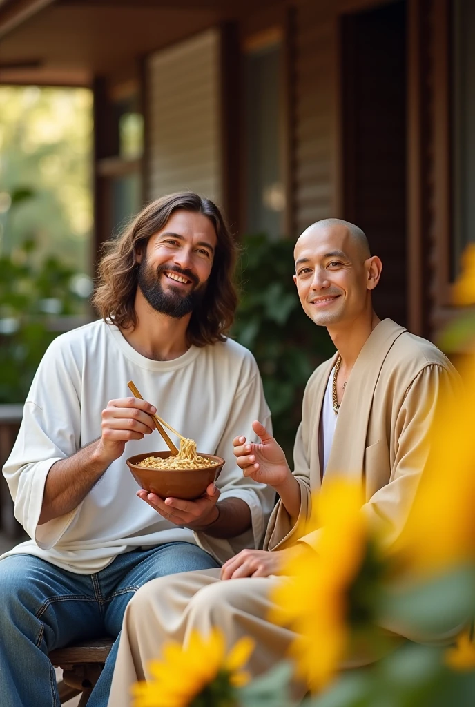 Jesus Christ and Buddha wearing modern clothes and looking at the camera. They have a wise and benevolent face. They are sitting on the porch of a Japanese house and eating udon noodles. They are smiling happily. they are shining. Surrounded by rainbow-colored light. Jesus of Nazareth is depicted as a gentle, gentle man with shoulder-length hair. His wavy brown hair flows over his shoulders. His captivating hazel eyes convey deep wisdom and empathy, radiating warmth and understanding. In Japanese, Buddha is depicted as a kind-hearted person with a shaved head and a gentle and cheerful expression. His captivating dark eyes convey deep wisdom and empathy, radiating warmth and understanding. Modern clothing, white t-shirt and jeans, sunflowers, summer, macro photography, close-up, highly detailed, trend at art station, sharp focus, studio shot, intricate details, Greg Rutkowski,