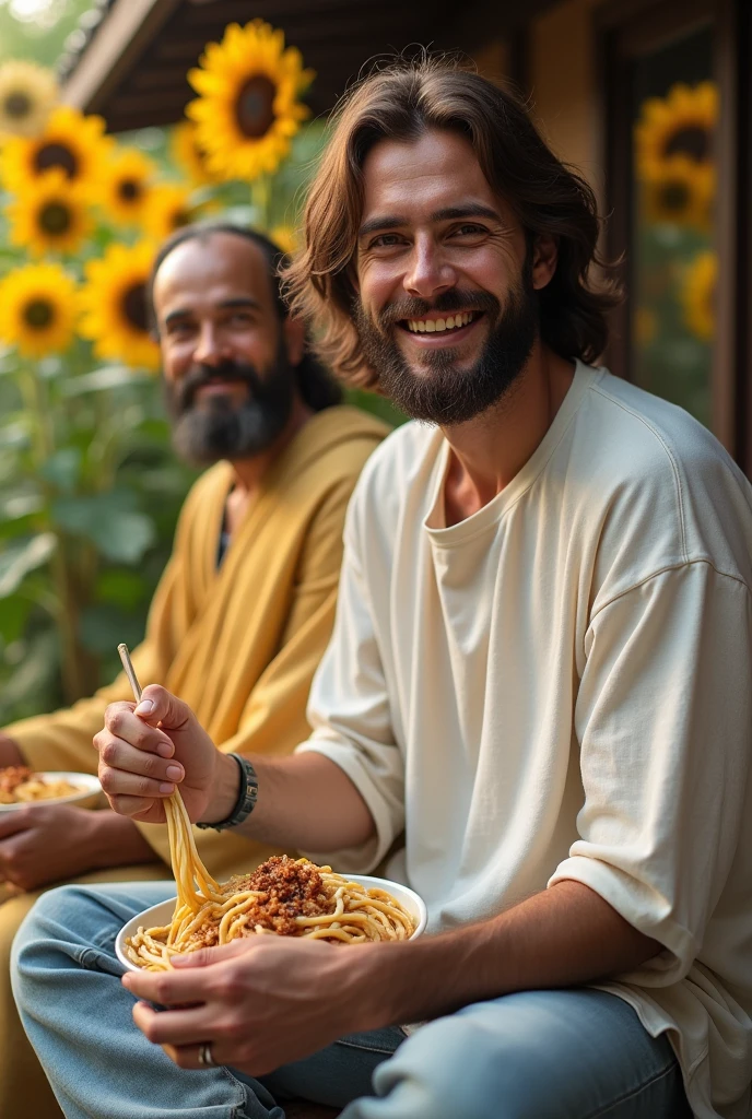 Jesus Christ and Buddha wearing modern clothes and looking at the camera. They have a wise and benevolent face. They are sitting on the porch of a Japanese house and eating udon noodles. They are smiling happily. they are shining. Surrounded by rainbow-colored light. Jesus of Nazareth is depicted as a gentle, gentle man with shoulder-length hair. His wavy brown hair flows over his shoulders. His captivating hazel eyes convey deep wisdom and empathy, radiating warmth and understanding. In Japanese, Buddha is depicted as a kind-hearted person with a shaved head and a gentle and cheerful expression. His captivating dark eyes convey deep wisdom and empathy, radiating warmth and understanding. Modern clothing, white t-shirt and jeans, sunflowers, summer, macro photography, close-up, highly detailed, trend at art station, sharp focus, studio shot, intricate details, Greg Rutkowski,