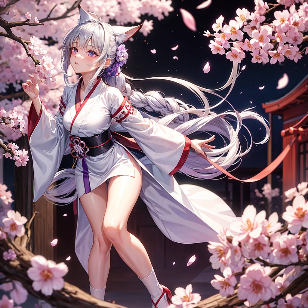 Girl, 17 years old, fair skin, long silver hair braided in one ponytail, purple eyes, white yukata with open legs and sakura petals, slim, beautiful legs, black belt, black gloves, red sakura flowers, purple long cloak, detailing, perfect, red and black bracelets on legs and arms, wooden high heels, kitsune mask, high opaque white stockings