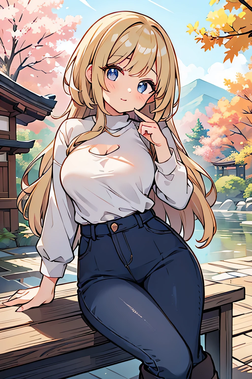 Highest quality、High resolution、Detailed Background、(Beautiful face in every detail:1.4)、Anatomically correct、(Normal number of fingers:1.2)、(Highly detailed face:1.2)、Detailed eyes、Beautiful women in their 20s、(Huge breasts:1.2)、Perfect body line、Light color hair、Bobcut、Long Hair、Wavy Hairstyle、Cute Eye Makeup、Cute Lip Makeup、Accentuate your cleavage、Model Pose、Cute gestures、Show the whole body、
(A beautiful model with a popular spot in the background:1.5)、
A coordinated look incorporating deep autumnal colors and layering、Finishing with short boots or sneakers for a casual look、
Adding an accent with boots、Pair it with sneakers to make it more casual and sophisticated.、A wide-leg pants in velvet material paired with a simple T-shirt is also cute and autumnal、Combining with long boots is expected to have a leg-lengthening effect、
Kyoto、Arashiyama、Arashiyama is a classic yet always popular spot that combines the atmosphere of an ancient capital with a modern cafe.、Taking pictures at Togetsukyo Bridge, there are many picturesque landscapes、very beautiful
