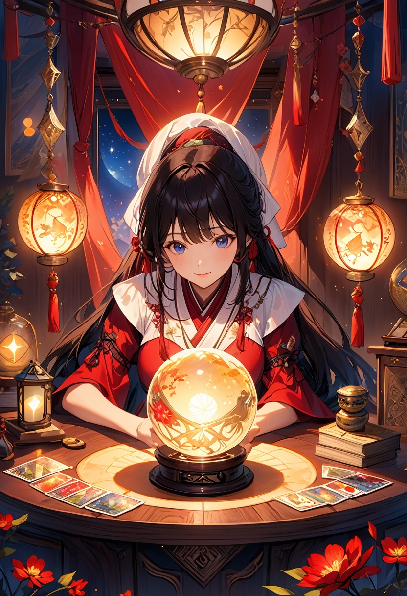 美しく神秘的なfortune teller，Compact and fun environment. ケープを羽織ったfortune teller, Delicate facial features. Facing forward,

The scene is dim, Create an atmosphere of uncertainty and expectation. テーブルに座るfortune teller, Tarot Cardsで飾られた, Crystal Ball, Tarot Cards. The table is surrounded by candles, Creates a mysterious atmosphere. 

The lighting in the room was dim, casting seductive shadows，Enhance the mystical atmosphere. Tarot Cardsを持っているfortune teller, Observing Signs to Gain Insight into the Future. 

The overall artwork must be of the highest quality, 解像度は4KAlsoは8Kです. The level of detail must be extremely detailed and realistic, Almost photorealism. 

Artistic style should reflect official aesthetics, Bright colors，Strong contrast. The color tone is、The mystical and mystical theme of the artwork must be emphasized。. 

fortune teller&#39;The cape has an intricate pattern, Metal frame with thickness ratio of 1.5. Also, A decorative border of roses should be incorporated into the piece.. 

The scene must have a magical feel to it., Like a night sky full of stars. fortune teller&#39;Facial expressions should convey mystery and curiosity..