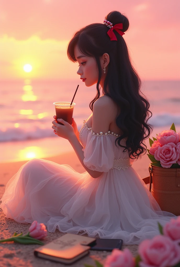 Picturesque pink sunset at the beach with dreamy picnic set up, where cartoon Animated classic Ethereal fierce woman, with wavy long black hair with red bow clip at middle back, wearing off shoulder, embroidered white long tulle dress with pearl accessories, holding iced coffee with one straw in one hand while looking at the classic vintage diary in the other hand, with mobile phone at picnic woven mat, light pink tulips bouquet, and beach bag